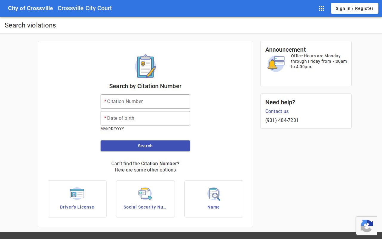 Crossville criminal records citation search screen