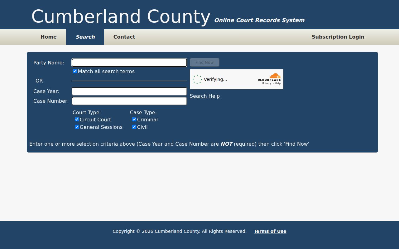 Cumberland County criminal court case search portal