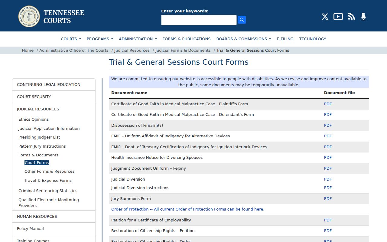 Tennessee court forms for Cumberland County criminal court cases