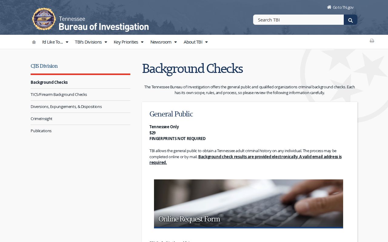 Cumberland County criminal history TBI background check page